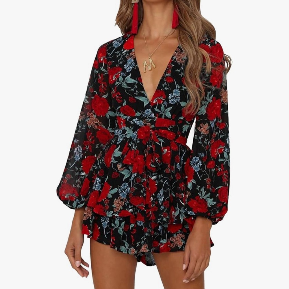 Cider Red and Black Floral Long Sleeve Romper